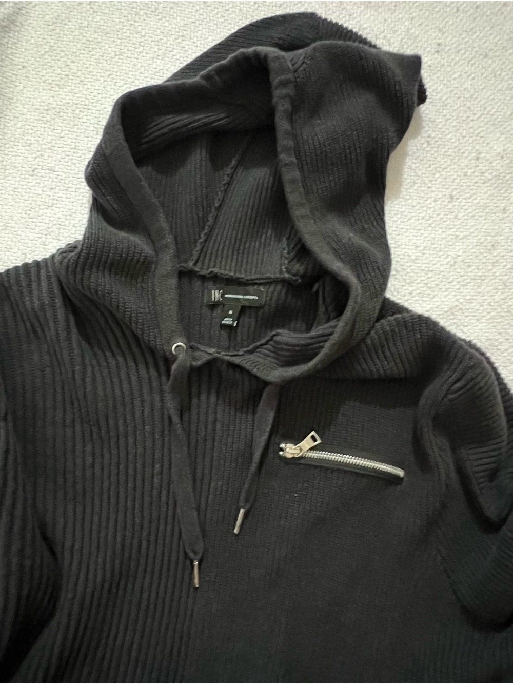 INC International Concepts Black Ribbed Zip-Up Hoodie Sweater